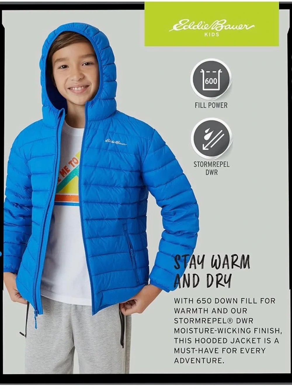 Eddie Bauer Kids Bright Blue Down Cirruslite Hooded Puffer Jacket
